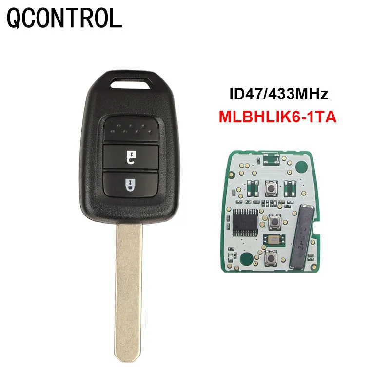 QCONTROL 2 Buttons Car Remote Key Fob for Honda HLIK6-1T Civic Accord City CR-V Jazz XR-V Vezel HR-V FRV Car Lock 433Mhz datong world car remote control key for honda accord civic city crv jazz xr v vezel hr v frv id47 chip 433mhz twb1g721 hlik6 3t