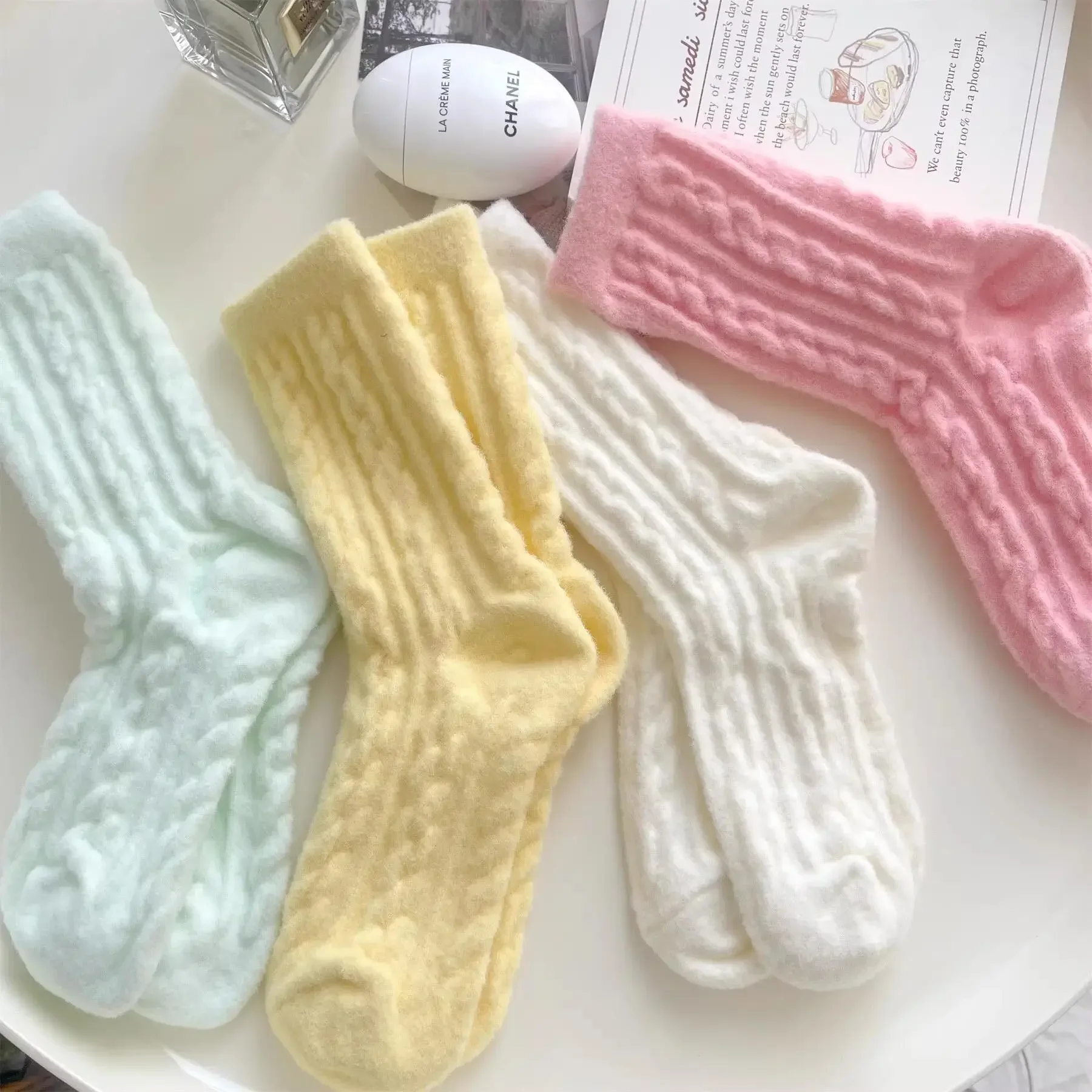 

Winter warm wool socks plus fleece thickened plush sleeping socks Candy colored knitted striped women socks cute fashion socks