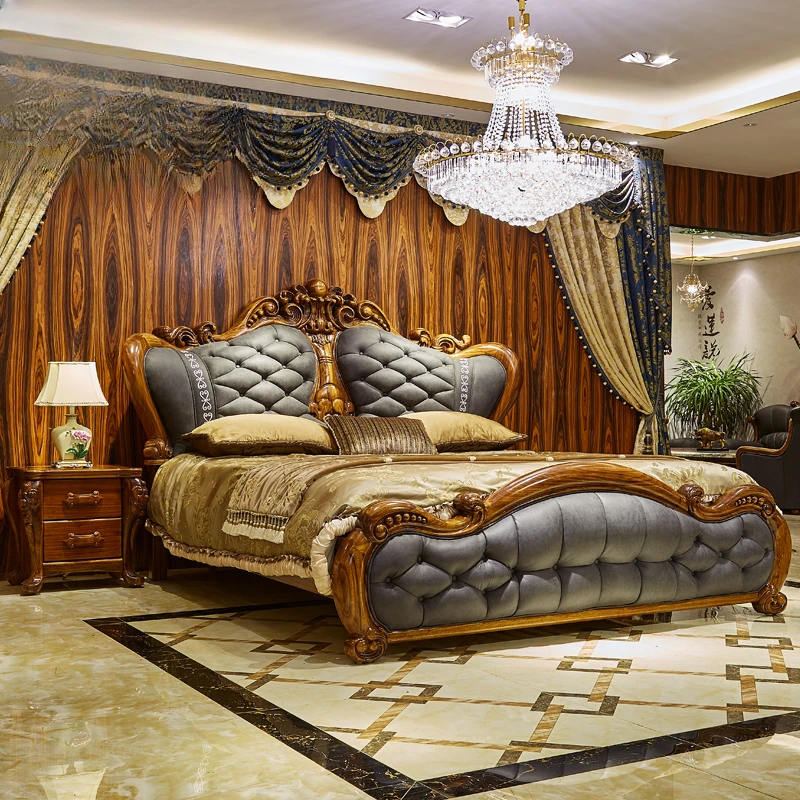 에보니 원목 및 천연 가죽 빌라 웨딩 침대, 고급스러운 조각 