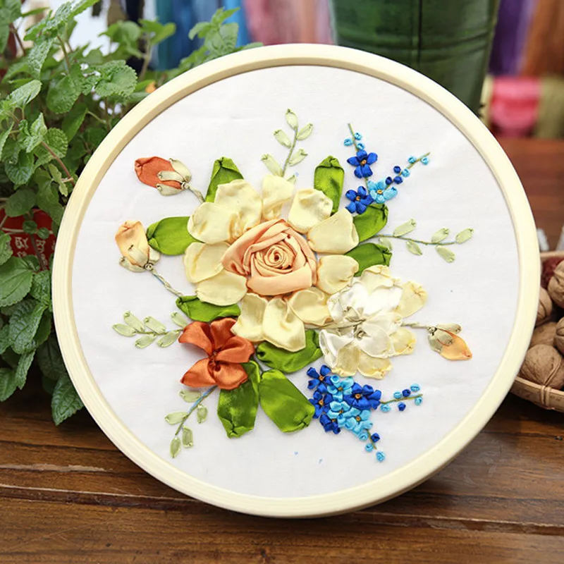 Silk Ribbon Embroidery Kit Handmade DIY Material Pack Flower Pattern Su Embroidery Set Semi finished Sewing Home Decoration