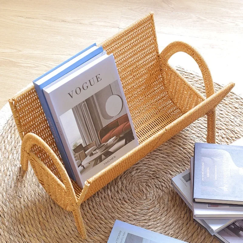 Kens Hand Woven Vertical Magazine Living Room Floor To Ceiling Small Bookshelf, Imitation Rattan Light Luxury Book, Storage