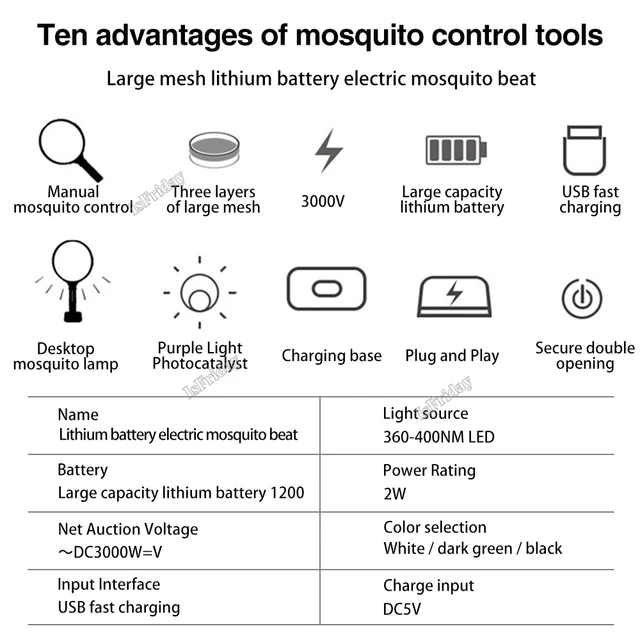 1200Mah Electric Mosquito Swatter Led Újratölthető Légybogár Zapper Gyilkos Csapda Rovar Ütő Kártevőirtó Termék - Image 6