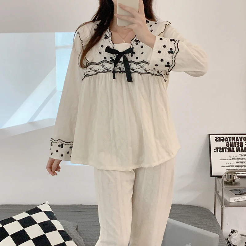 Square Neck Lace Edge Jacquard Knitted Cotton M-XXL Long Sleeve Set Women's Princess Pajamas Women's Home Dress Evening Dress