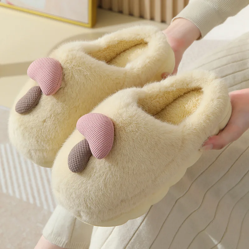 Winter Home Cotton Slippers Thick Soled Lovely Mushroom Cotton Slippers Female Couples Indoor Non-slip Cartoon Warm Fluffy Shoes