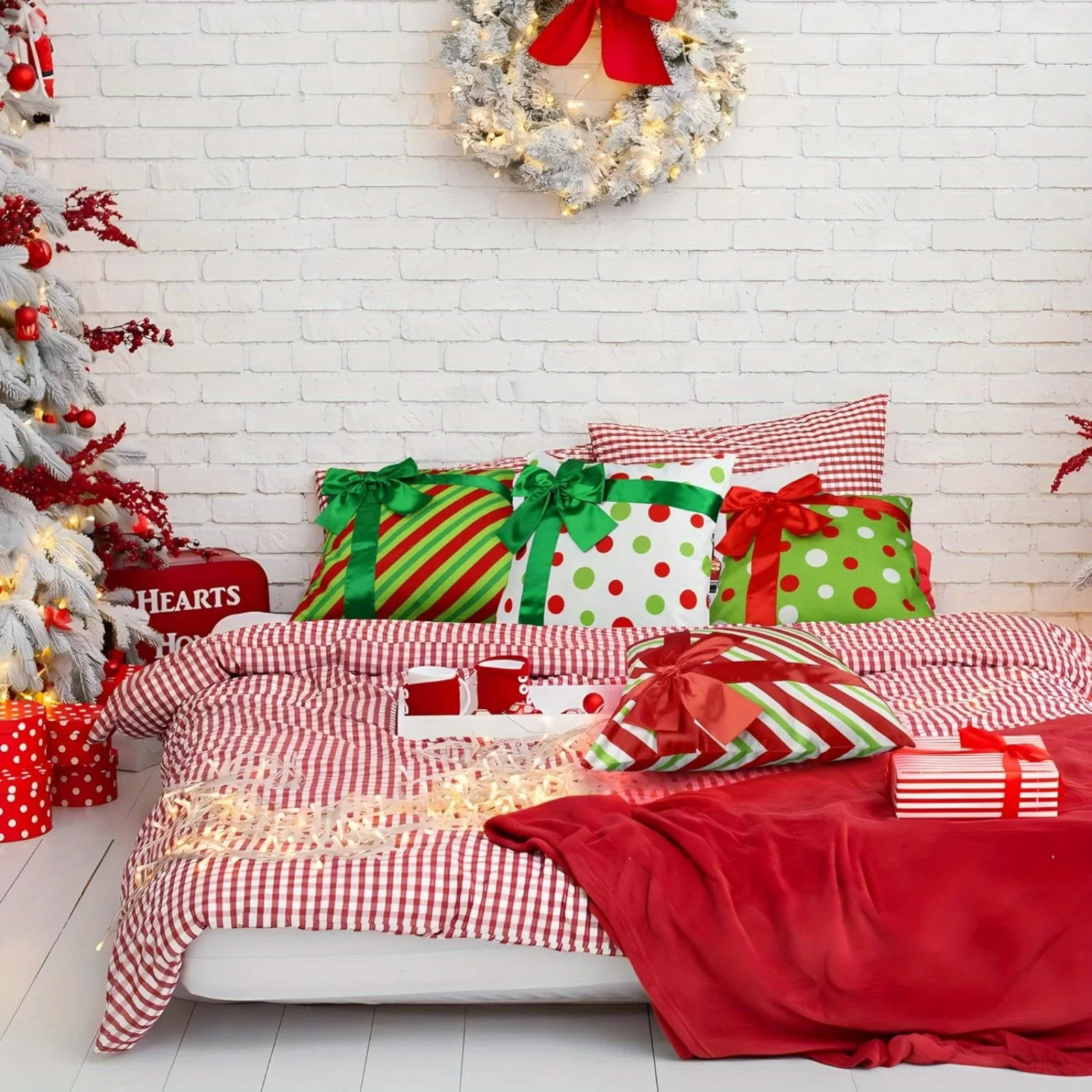4pcs Christmas Pillow Covers, or Sofa Couch Winter Holiday DecorationBows Throw Pillow Cases, Outdoor Christmas