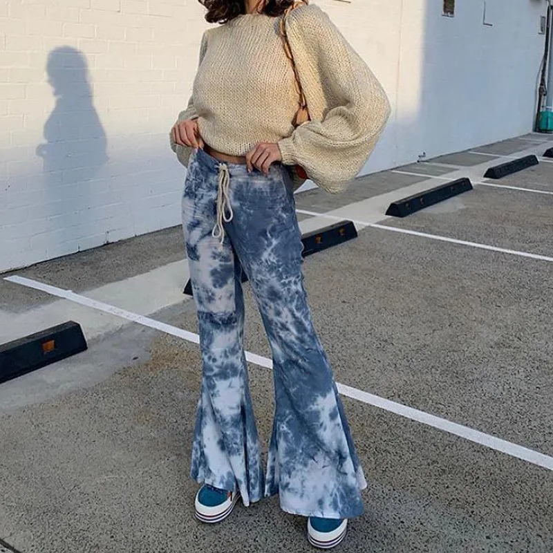 Women Elastic Drawstring High Waist Wide Hem Pants 2024 Bell-Bottom Stylish Tie-Dye Flare Loose Trousers for Female Streetwear