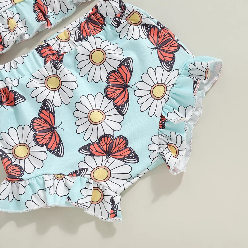 Tops de cami com estampa floral de borboleta para bebê, shorts com babados, faixa de arco, pescoço quadrado, roupas de verão, 2024-04-26