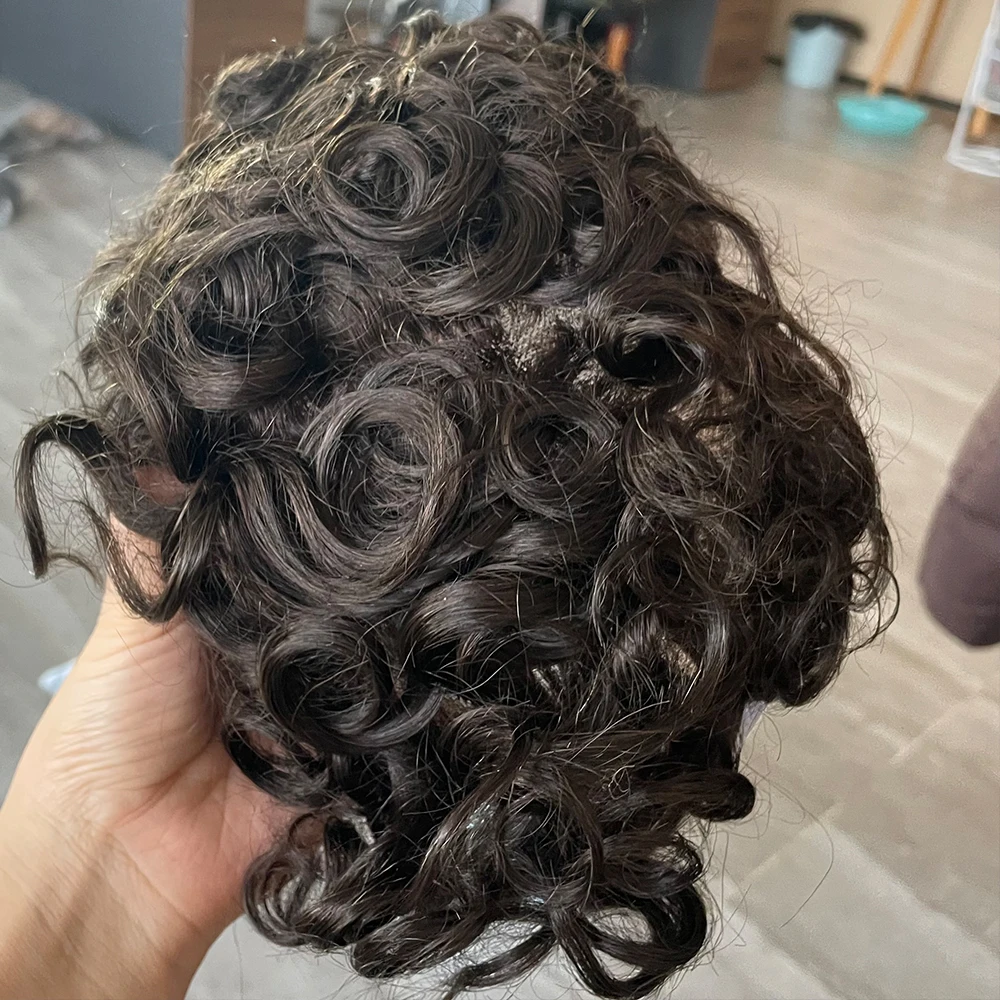 Toupet riccio da 20 mm per uomo, base in NPU resistente con parte superiore in pizzo a rete mono fine, sistema di capelli umani al 100% per protesi capillare maschile, riccioli da 24 mm - immagine 5