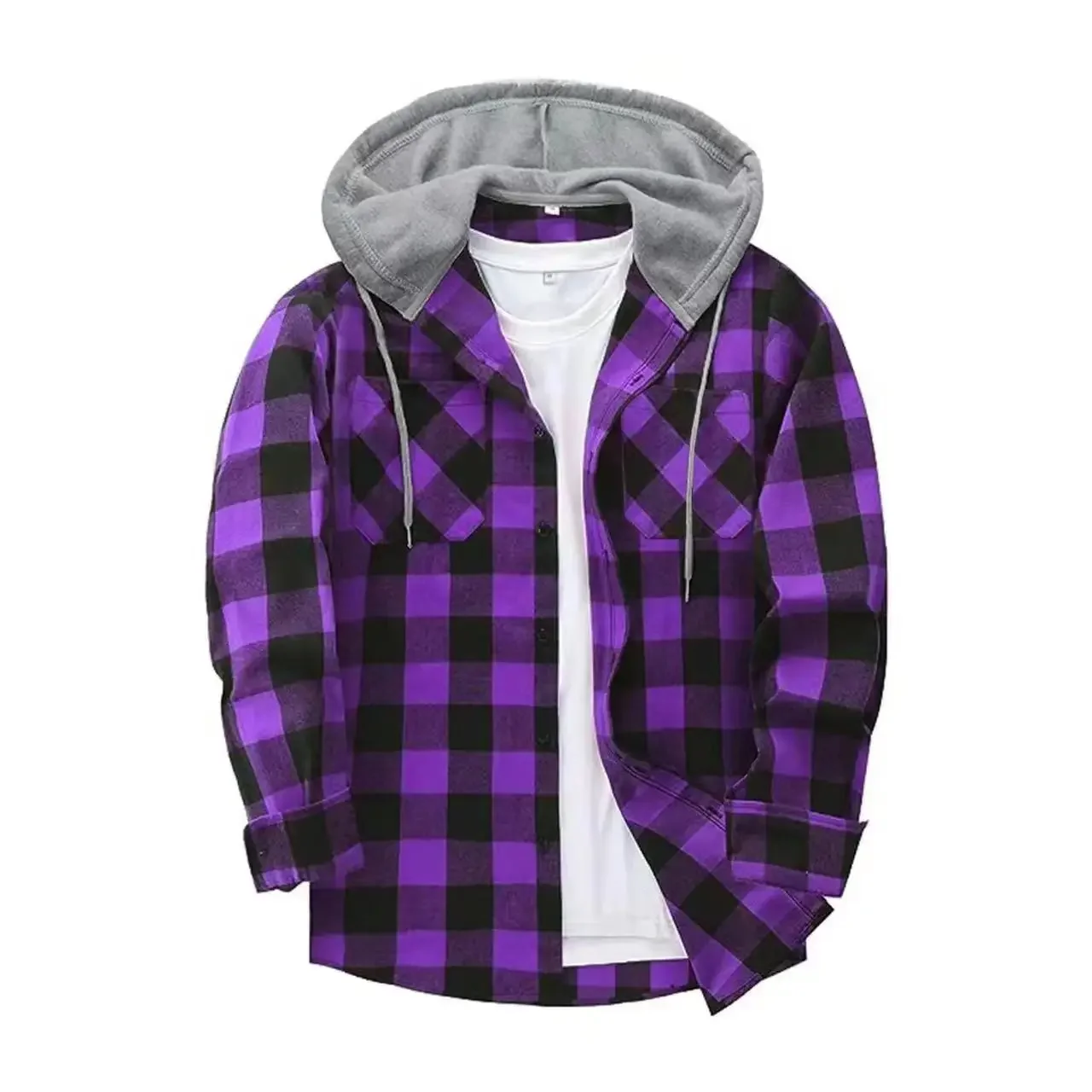 Men's Plaid Long Sleeved Hooded Shirt With Button Work Drawstring Casual Top Cardigan Sweatsuit Street Clothing Jacket  Hoodie