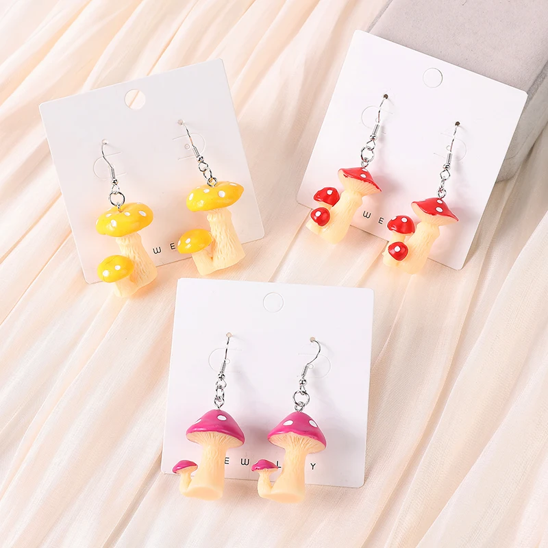 Pair Women Cute 3D Multicolour Mushroom Dangle Earring Resin