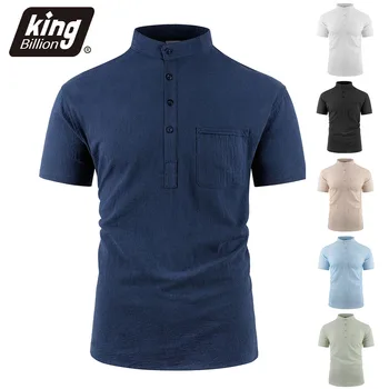 Men's Cotton Linen T-shirt Henley Neck Casual Solid Color Breathable Lightweight Pocket Button Top Male Cozy Trendy Tees