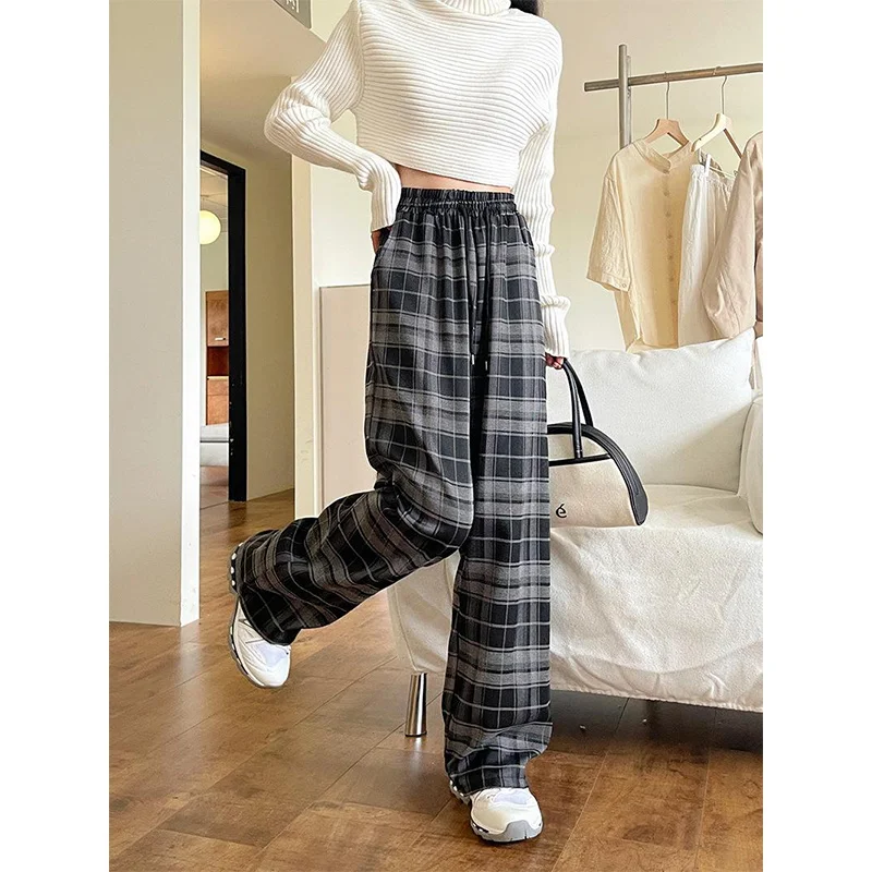 

Fashion Sweatpants Autumn Winter Black White Plaid Casual Pants Elastic Waist Drawstring Straight Trousers Female Clothing S-4Xl