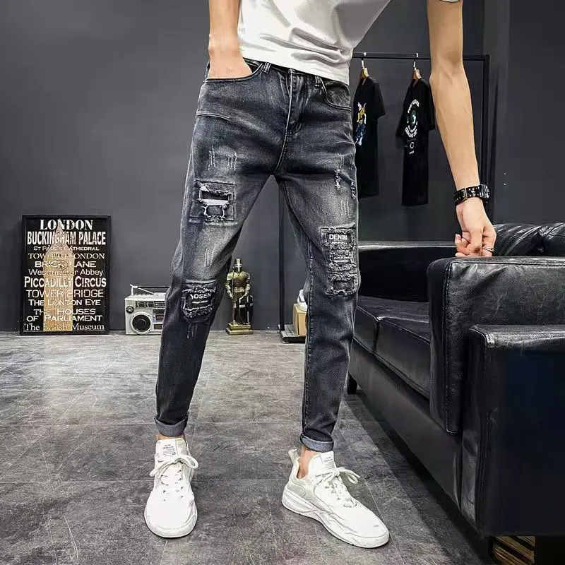 Social Slim Pencil Pants Pothole Ripped Jeans Men's Nine Points Korean Beggar Pants Leisure Spring Autumn Hip-hop Jeans