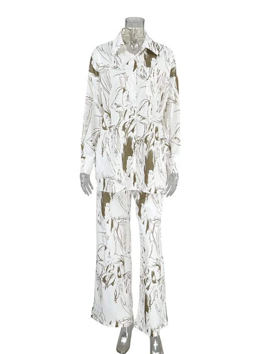 Marthaqiqi Loose Printing Ladies Pajamas Set Long Sleeve Nightgowns Turn-Down Collar Sleepwear Wide Leg Pants Women Nightie Suit