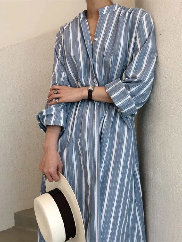 

Korean Chic Drawstring Striped Dresses for Women Autumn V-neck Loose Pockets Casual Full Sleeve Long Dress Vintage Female