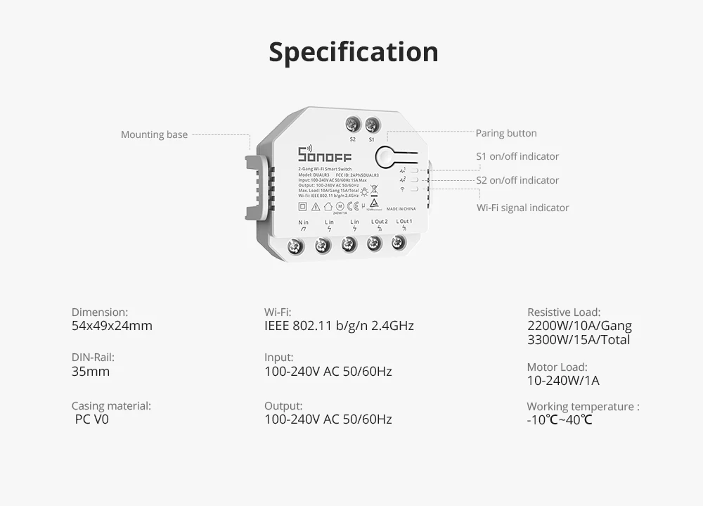 DUAL R3 DUAL R3 Lite 2-Gang Switch WiFi MINI Switch with Power Metering Dual Rel