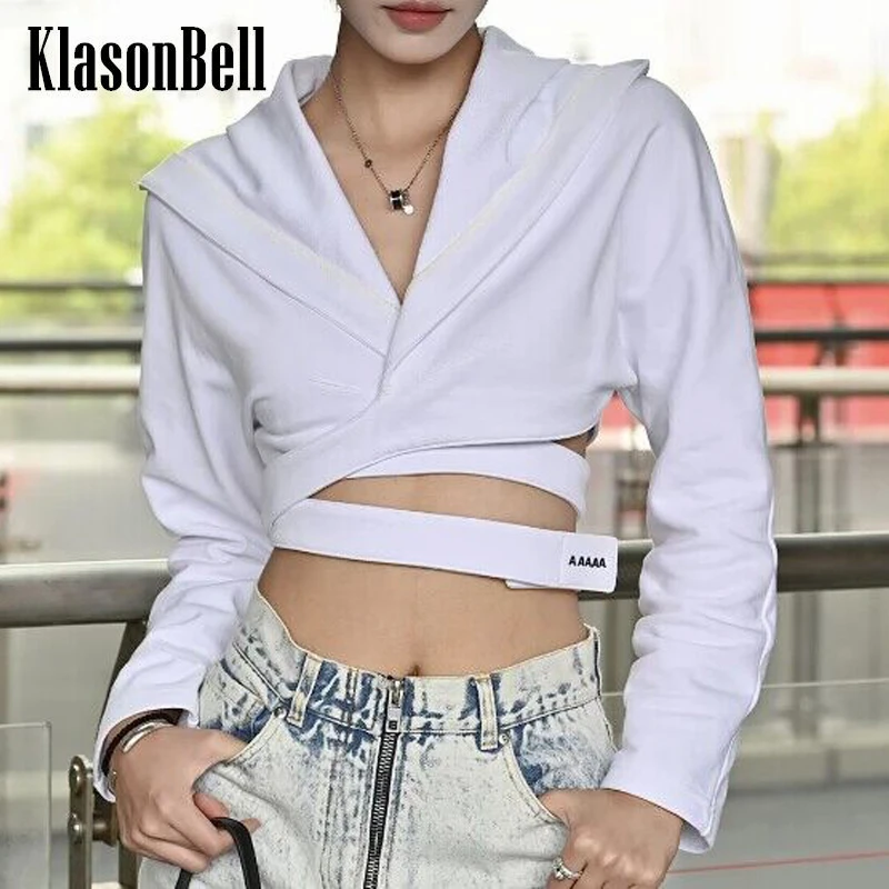 

9.23 KlasonBell Fashion Sexy Hollow Out Strap Hook & Loop Hooded Short Hoodie Top Women