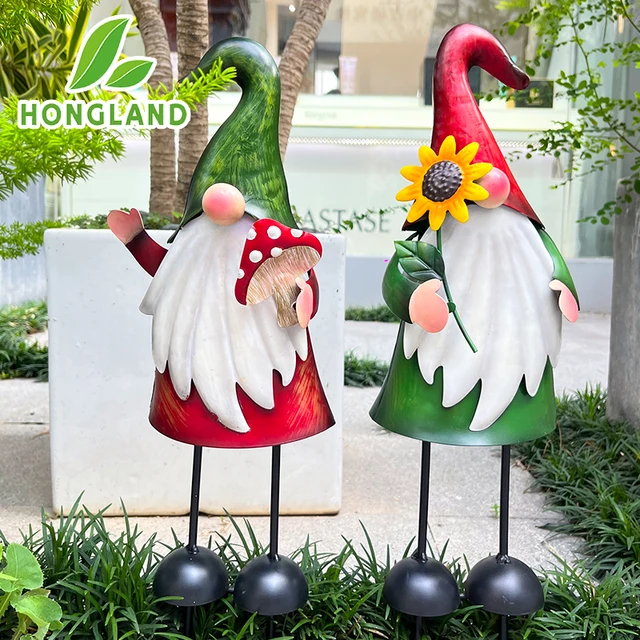 Gnome Szobor Műalkotás Metal Plugin Kültéri Szobrászat Kerti Dekoráció 18 Hüvelykes Figura A Lawn Patio Yard 2Db -Hez