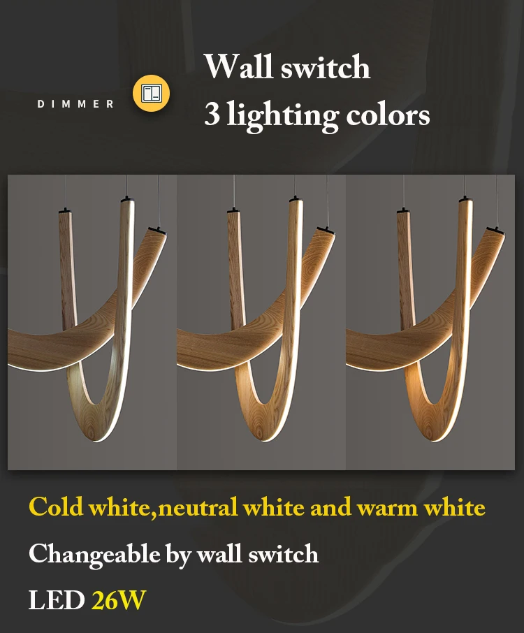 The Double Curve Wood Pendant Light features a sleek, handcrafted design with three adjustable lighting colors (cold white, neutral white, warm white) using a 26W energy-efficient LED. Easily control it via your wall switch.