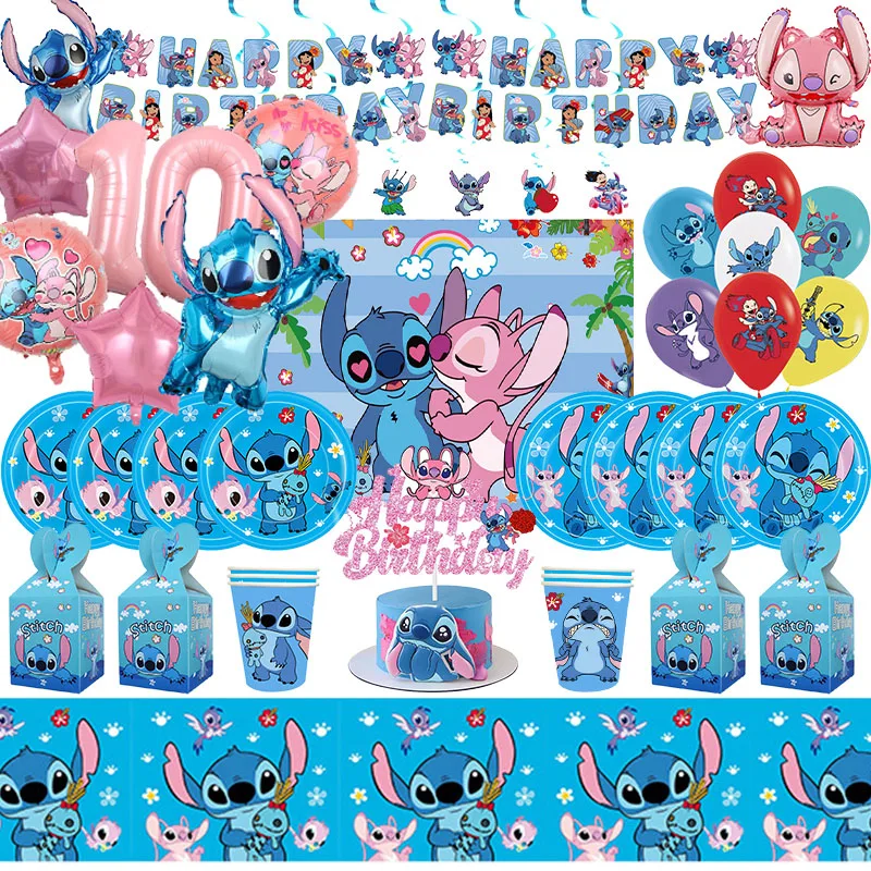 New Disney Stitch Birthday Party Decoration Stitch Angle Sky Blue Paper Tovagliolo Cup Plate Palloncini Da Tavola Forniture Per Baby Shower