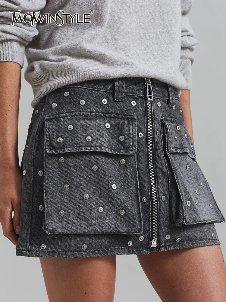 

TWOTWINSTYLE Patchhwork Rivet Slimming Mini Denim Skirts For Women High Waist Spliced Zipper Sexy Bodycon Skirt Female Fashion
