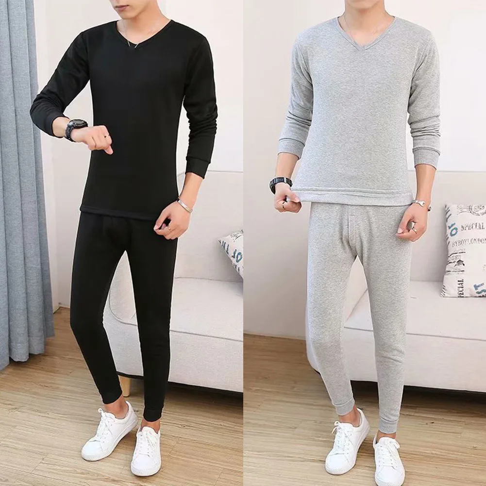 Men Winter Warm Bottom Underwear Ultra-Soft V Neck Thermal Long Johns Top Set Tight Thick Trousers Elasticity Casual Sleepwear