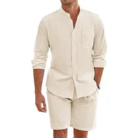 Daily Casual Breathable Cotton Linen Outfits Mens Vintage Stand Collar Button-up Shirts And Shorts Sets For Men Clothing Summer 2