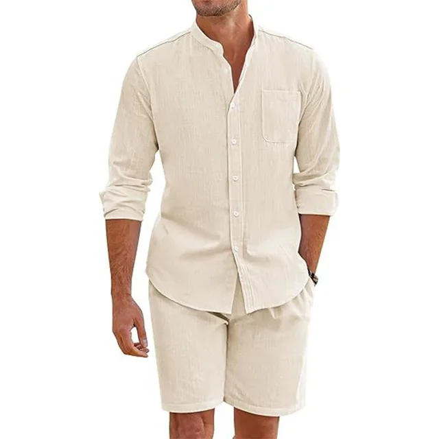 Daily Casual Breathable Cotton Linen Outfits Mens Vintage Stand Collar Button-up Shirts And Shorts Sets For Men Clothing Summer 2