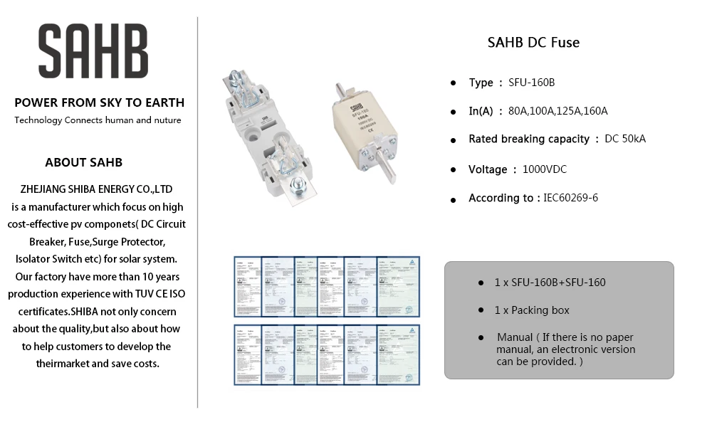 Description Picture 2 of itemSAHB PV Solar Fuse 1000V DC 80A 100A 125A 160A Fusible Fuse Holder with Fuse for Solar System Protection