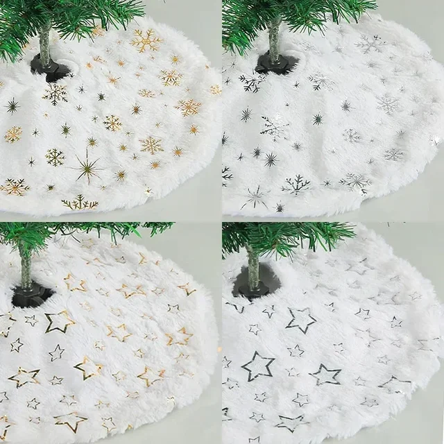 38CM Plush Christmas Tree Skirt White Snowflakes Faux Fur Xmas Trees Skirts Base Cover New Year Navidad Party Decoration Carpet 5