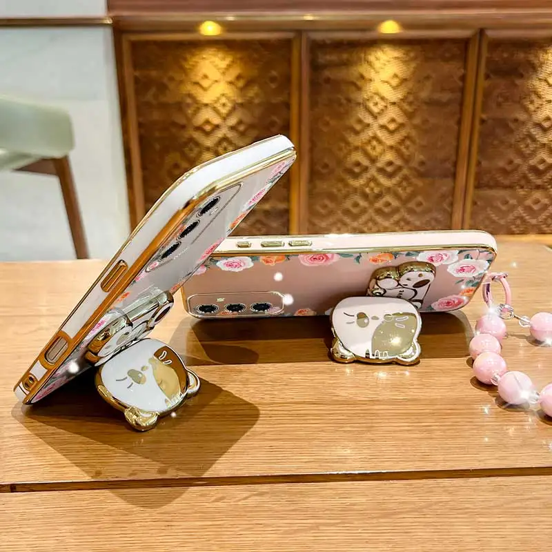 3-Piece Set: Gradient Rose Leaf Phone Case with Lanyard and Stand