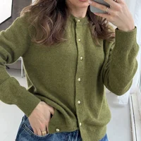 Autumn Women's Casual Wool Solid Color Round Neck Long Sleeve Loose Cardigan Sweater 1