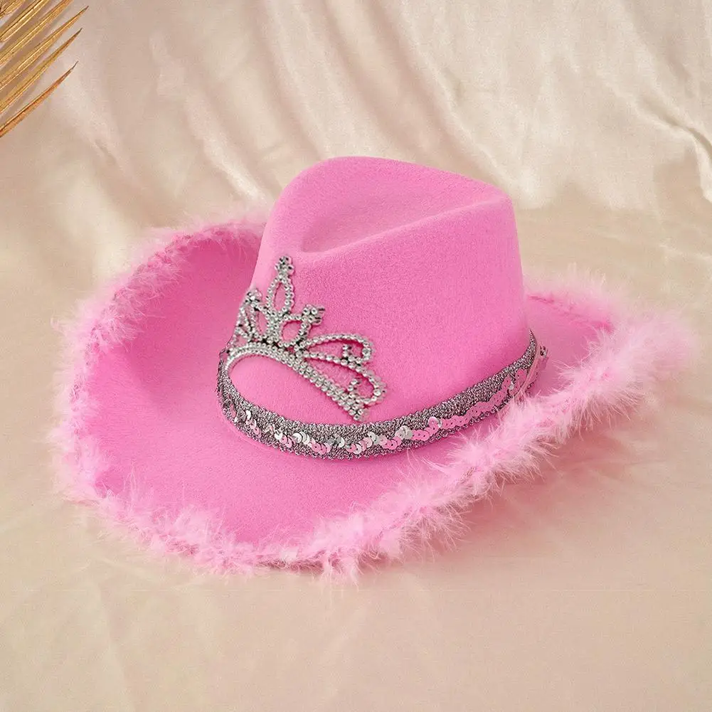 Wide Brim Pink Fur Brim Cowboy Hats Cowgirl Party Carnival Western Hats Stylish Glitter Crown Sequin Feather Caps For Women's