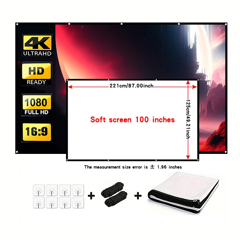 מסך הקרנה מתקפל 100 אינץ'. מסך גדול עם חבל להעברת המסך הגדול. התאמת מקרן באיכות גבוהה.