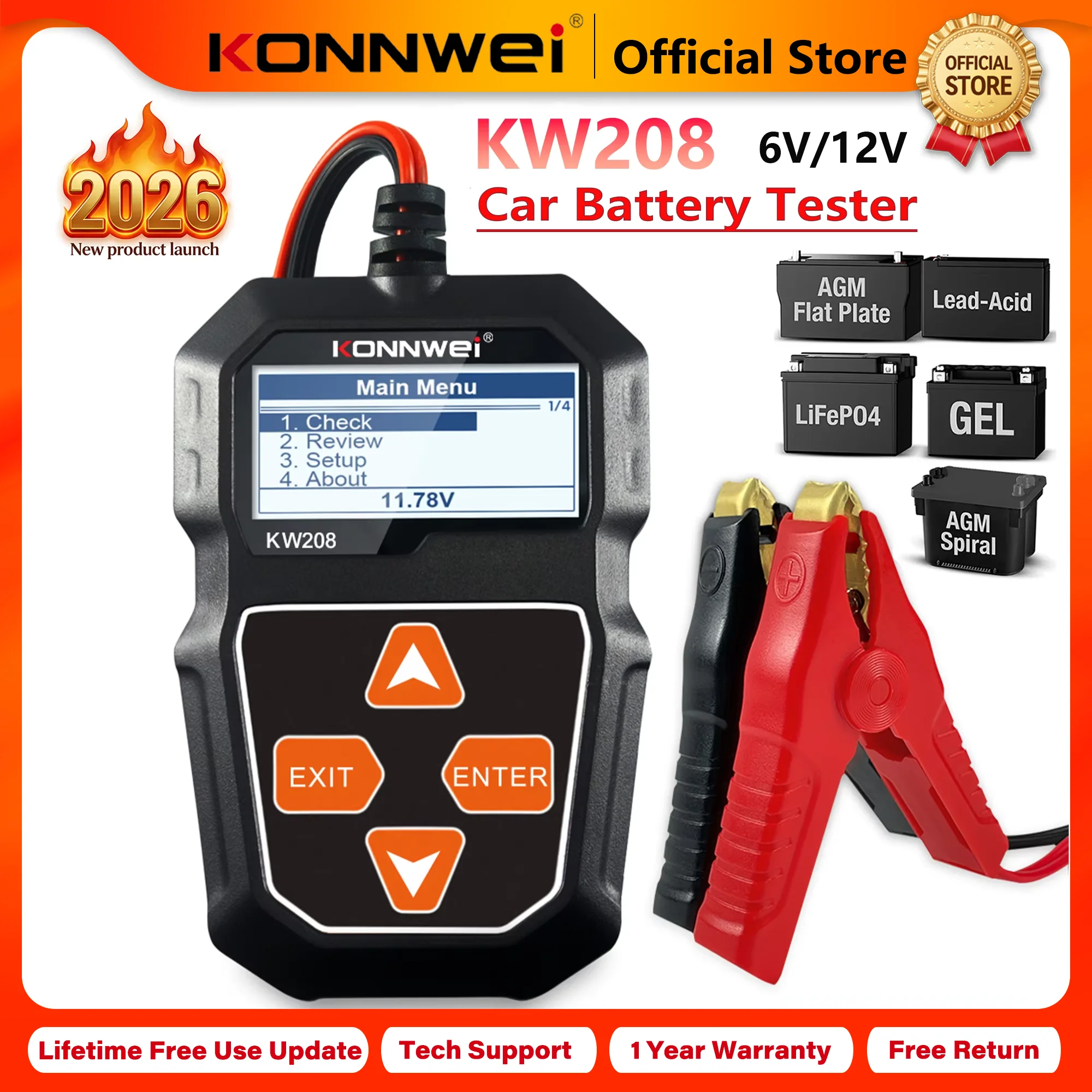 KONNWEI Car Battery Tester KW208, 6V 12V Auto Alternator Analyzer with Waveform Voltage Test for AGM GEL EFB and Lithium Batteries 2026