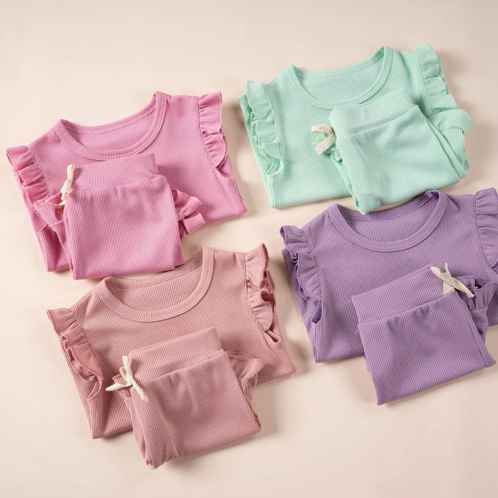Girls Summer Suit Solid Color Short Sleeve Shorts 2PCS
