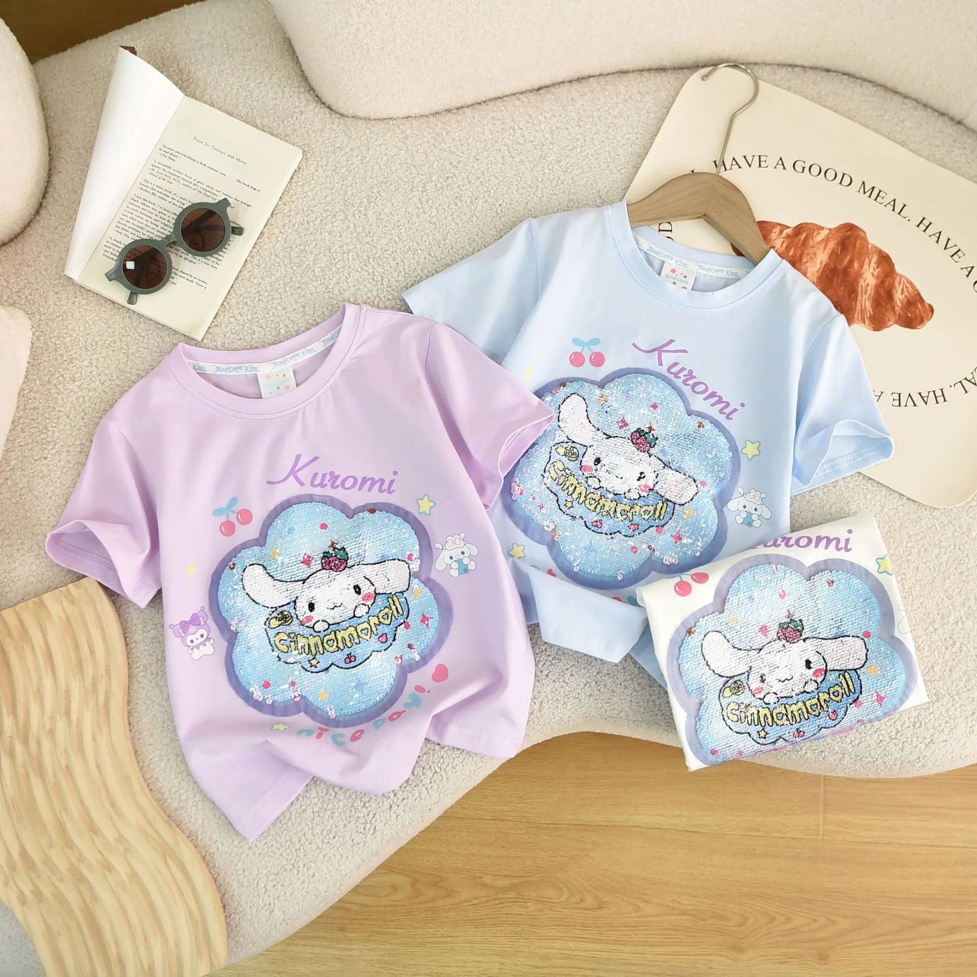 

Детская одежда Sanrio с пайетками, меняющая цвет, для девочек, детская одежда с сокровищами, Новинка лета 2024, полачко с коротким рукавом для детей старшего возраста