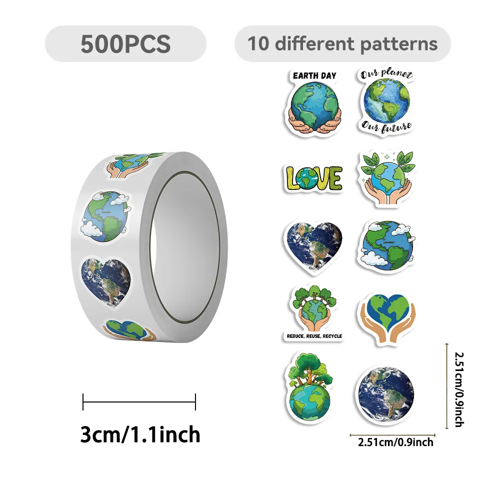 500PCS 지구의 날 친환경 스티커 롤 환경 활동 및 DIY 스크랩북킹을 위한 방수 자체 접착 데칼