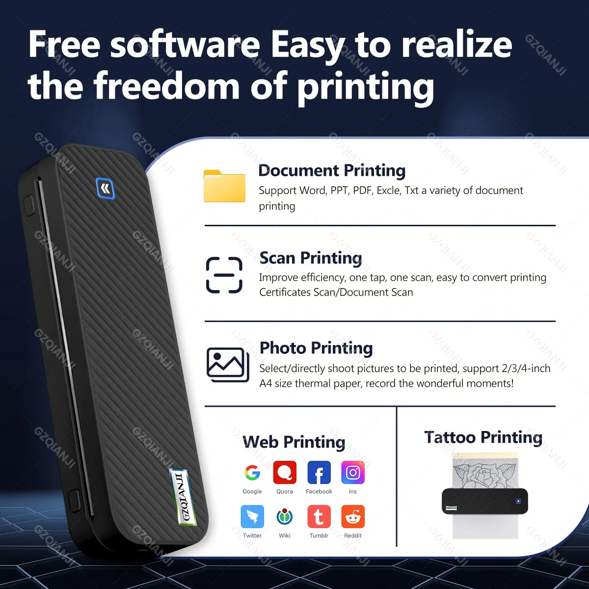 A4 Thermal Paper Printer Printing Wireless BT Connect Compatible with iOS and Android Mobile Photo Printer Support 210mm Wide