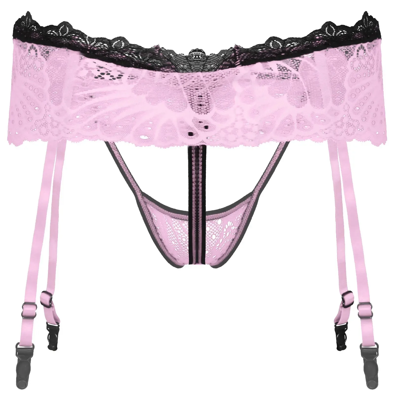Mens Lingerie G-String Sissy Underwear Hollow Out Lace Skirted Thongs Bowknot Crotchless T-Back Garters Adjustable Garter Belt male underwear