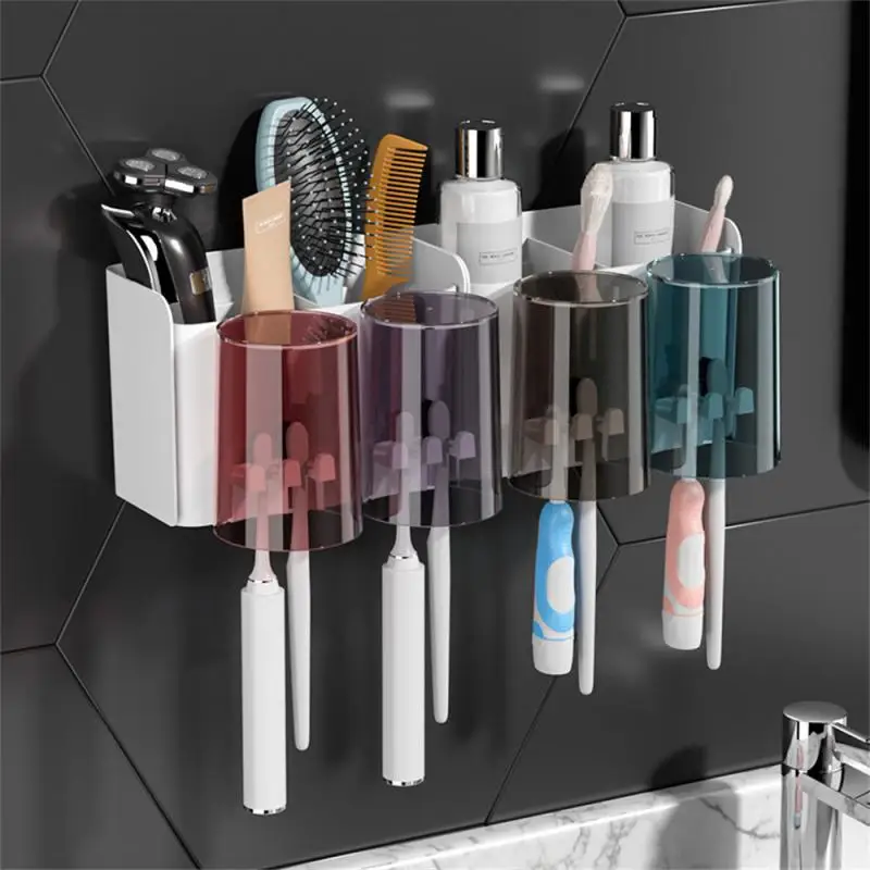 Toothbrush Holder Punch-free Mouthwash Cup Holder Non-trace Bathroom Wall-mounted Toothpaste Squeezer Toothbrush