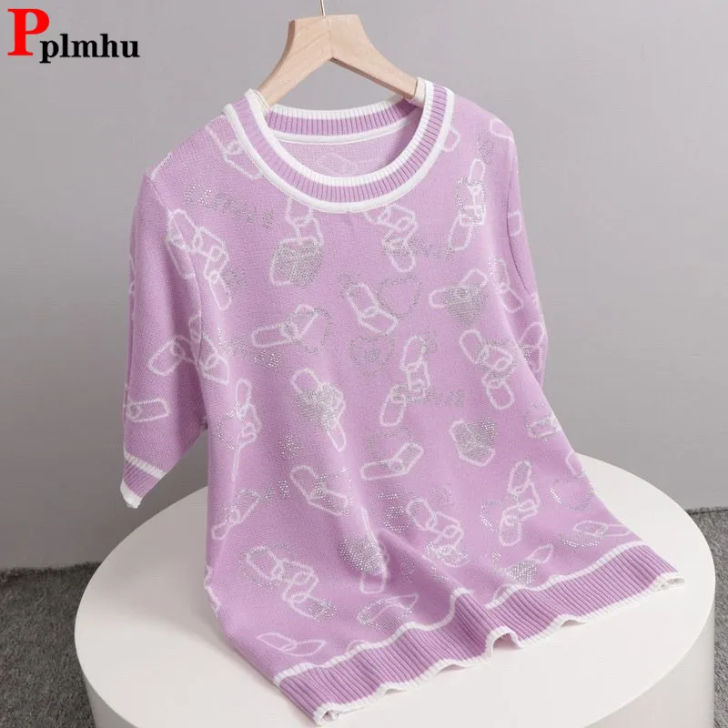 Maglietta Estiva Con Stampa A Maglia Sottile Top Coreano Ice Slik O-Collo Maglieria Casual Camisetas Donna Viola Maglia Manica Corta Tees Nuovo