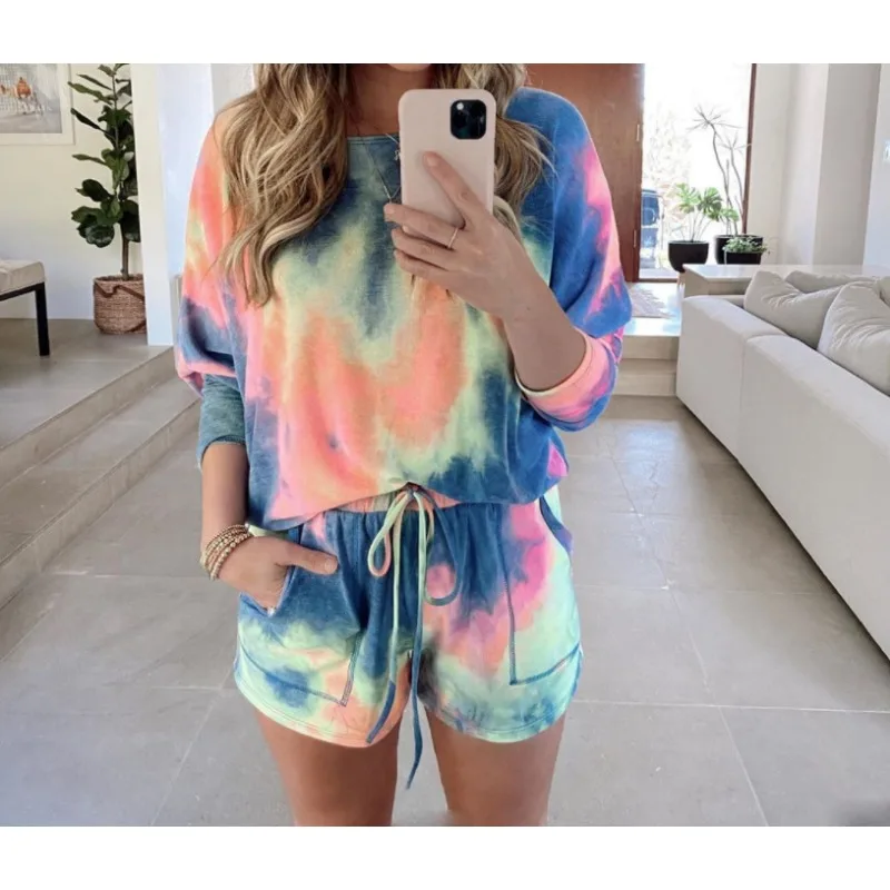 Casual Home Two Piece Set of Shorts for Women Female Clothing Summer Women's Fashion Tie Dye Printed Long Sleeved & Shorts Sets