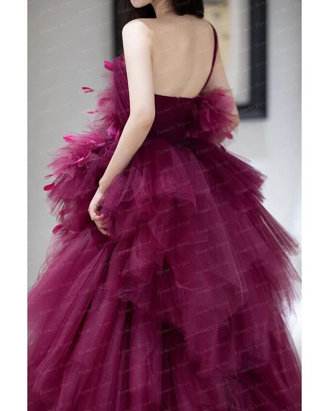 One Shoulder Purple Tulle Ball Gown Layered Fluffy Dress With Feather Long Evening Dresses Elegant Dresses For Women Prom plus size formal dresses & gowns