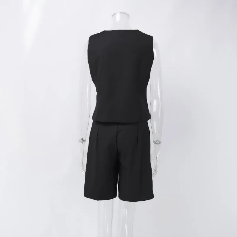 V-Neck Sleeveless Female 2 Piece-Set Casual Slim Straight Trousers Pocket Solid High Street Outfits Fashion Shorts Sets
