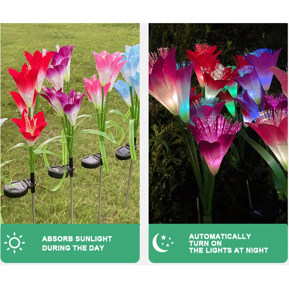 Luci solari in fibra ottica per esterni a forma di giglio, per giardino e orto, impermeabili, lampada da prato a LED a 7 colori per la decorazione del cortile_voghion.com