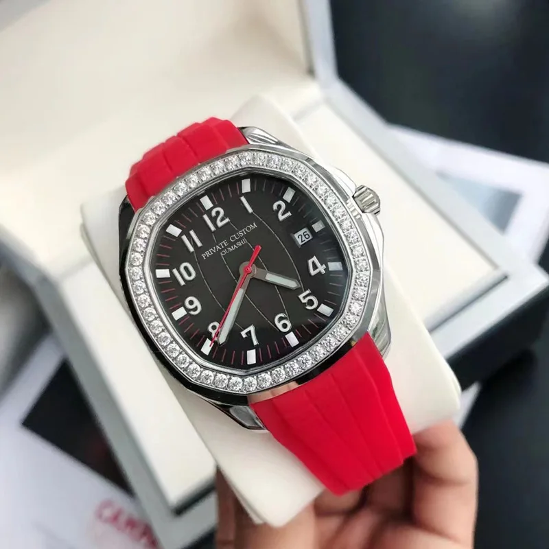 

40mm Men's Watch Miyota 8215 Movement Mechanical Watch Sapphire Glass Luxury Brand Luminous Waterproof Red Rubber Strap Diamond
