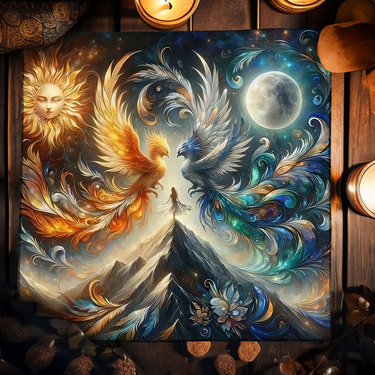 Mystical Sun and Moon Tarot Card Tablecloth With Ice and Fire Phoenixes For Tarot Readings Cloth Witch Altar Cloth Home Decor 4