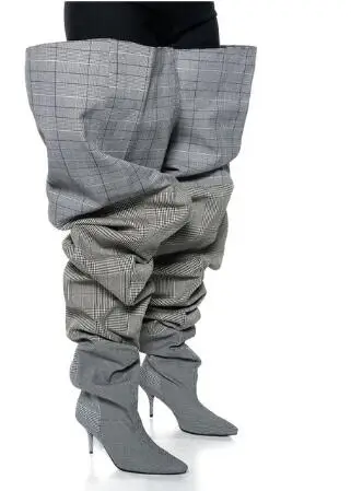 

New Grey Grid Cloth Wide Loose Big Calf Pleated Over The Knee Boots Women Run Way Thin Heels Slip On Thigh Long Boots Shoes