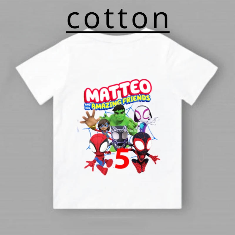 Camiseta de fiesta de cumpleaños para niño de Marvel Spider Man y sus buenos amigos, para niños de 2, 3, 4, 5, 6, 7, 8 y 9 años, personalizada, de verano, color blanco